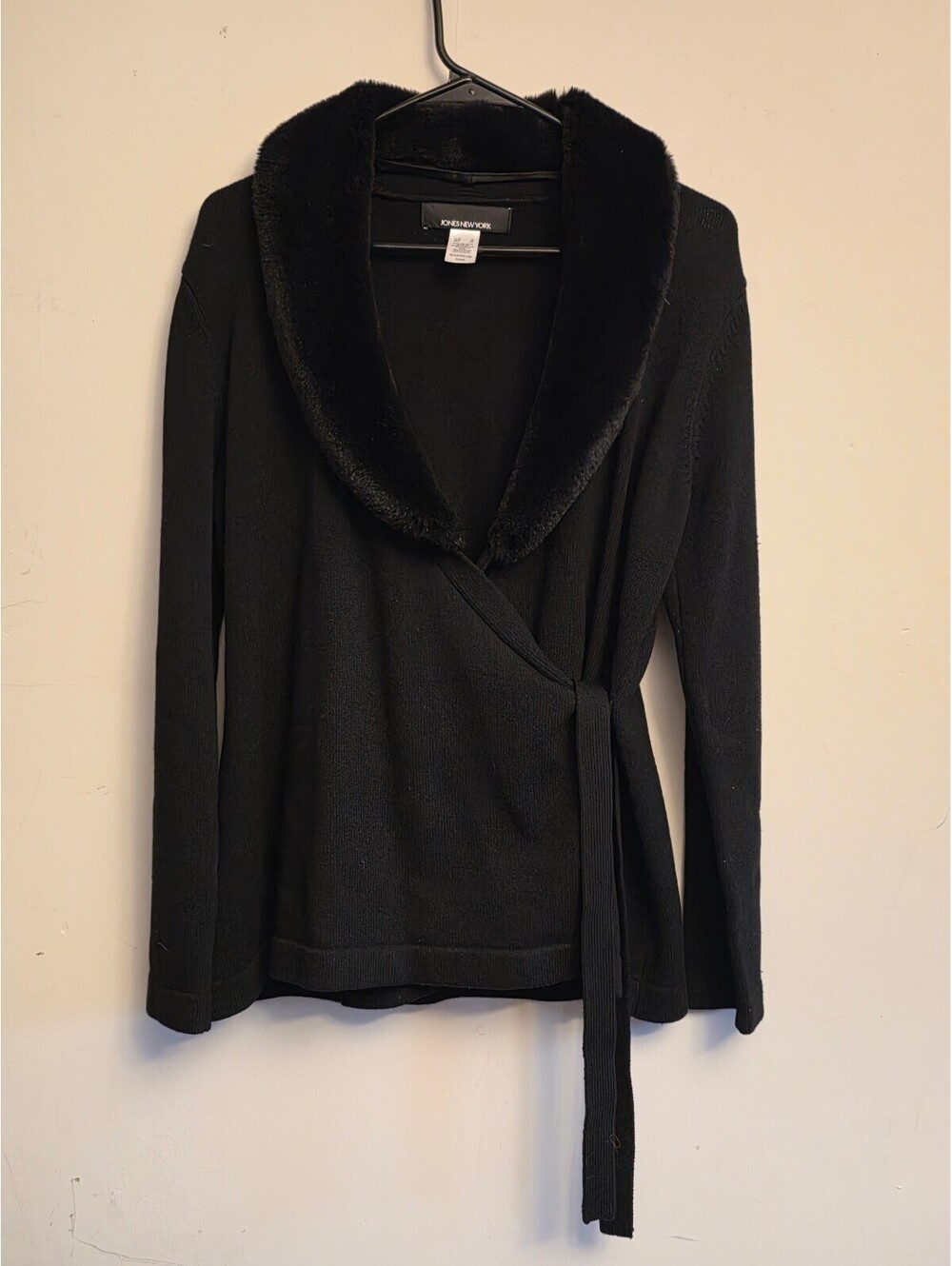 VTG 90'S Jones New York Black Knit Wrap Cardigan Plush Faux Fur Collar Size S